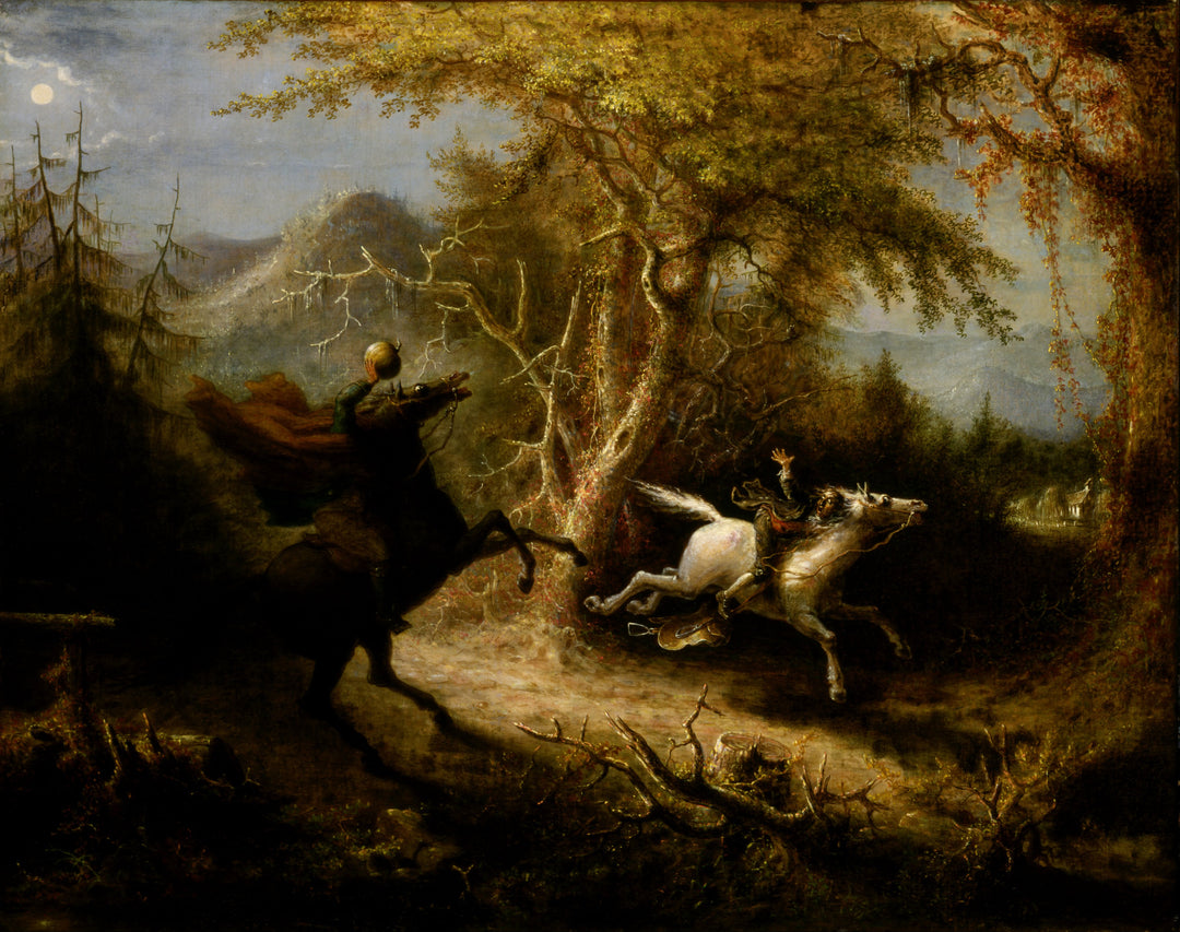 John Quidor painting of the Headless Horseman chasing Ichabod Crane through the woods at night