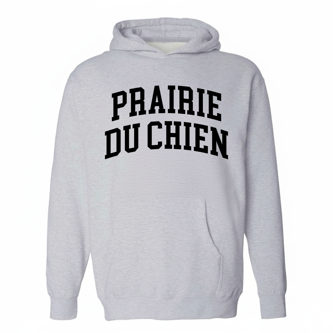 Heather-gray hoodie with the Prairie du Chien varsity arched lettering design on the chest.