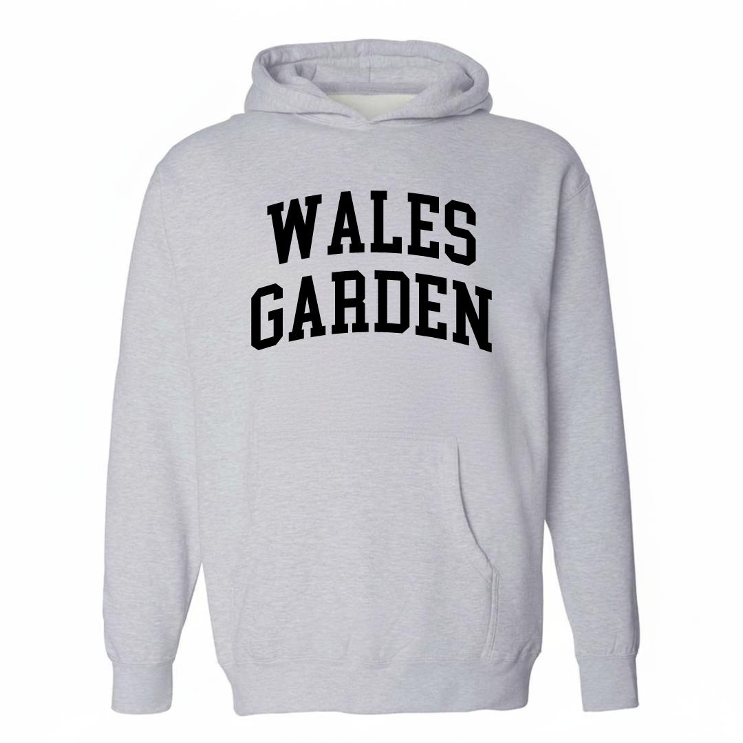 Heather-gray hoodie with the Wales Garden varsity arched lettering design on the chest.