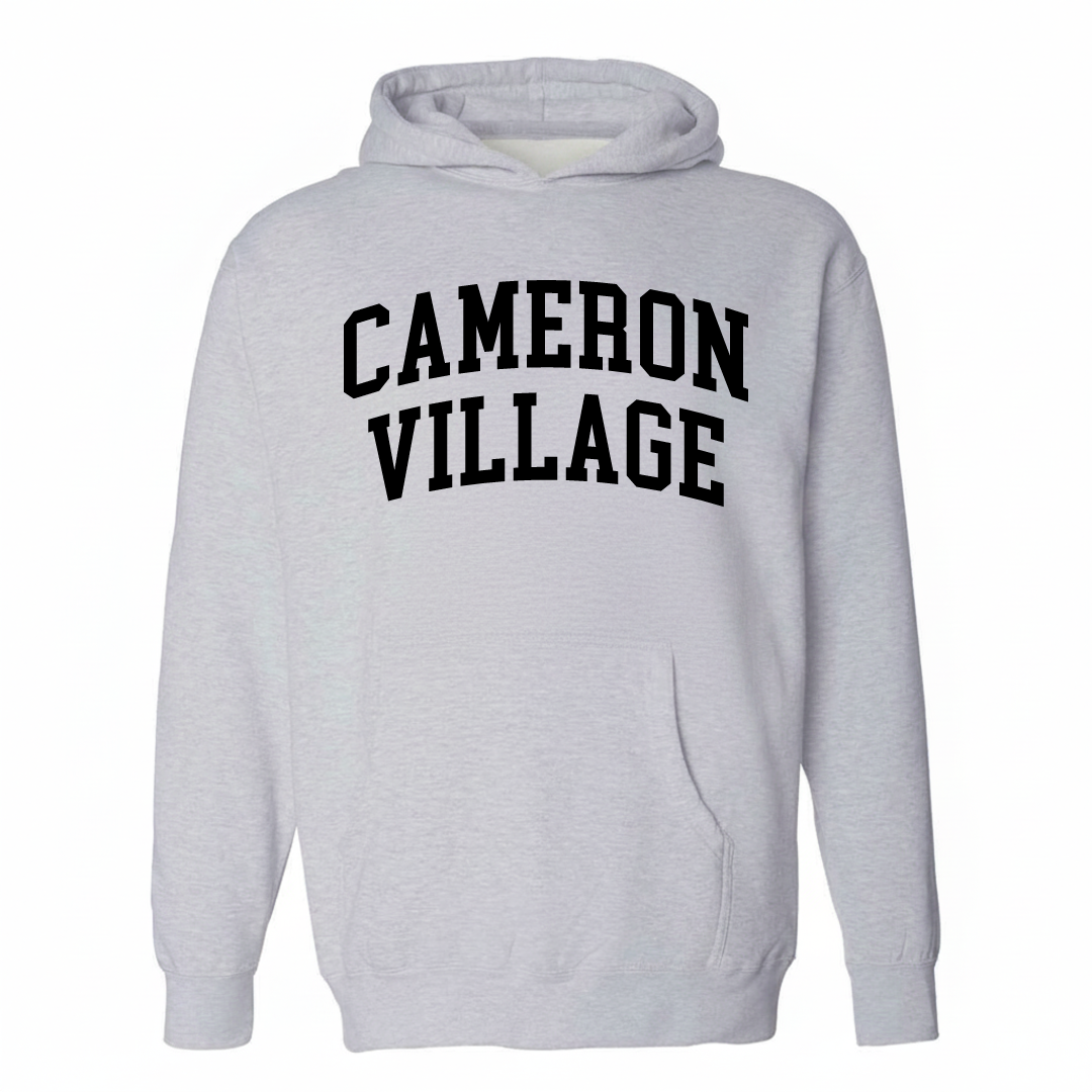 Heather-gray hoodie with the Cameron Village varsity arched lettering design on the chest.