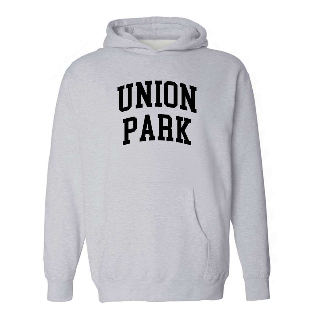 Heather-gray hoodie with the Union Park arched lettering design on the chest.