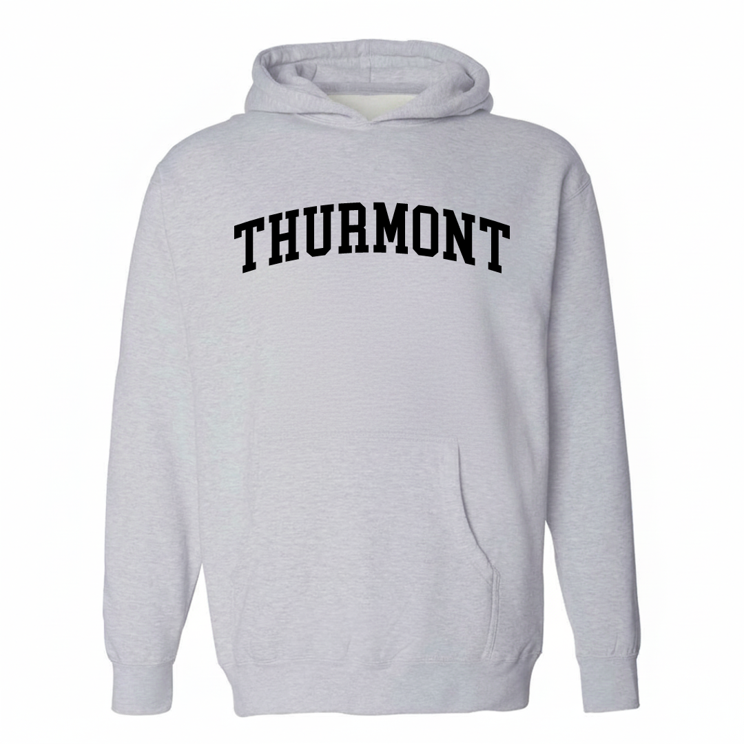 Heather-gray hoodie with the Thurmont varsity arched lettering design on the chest.