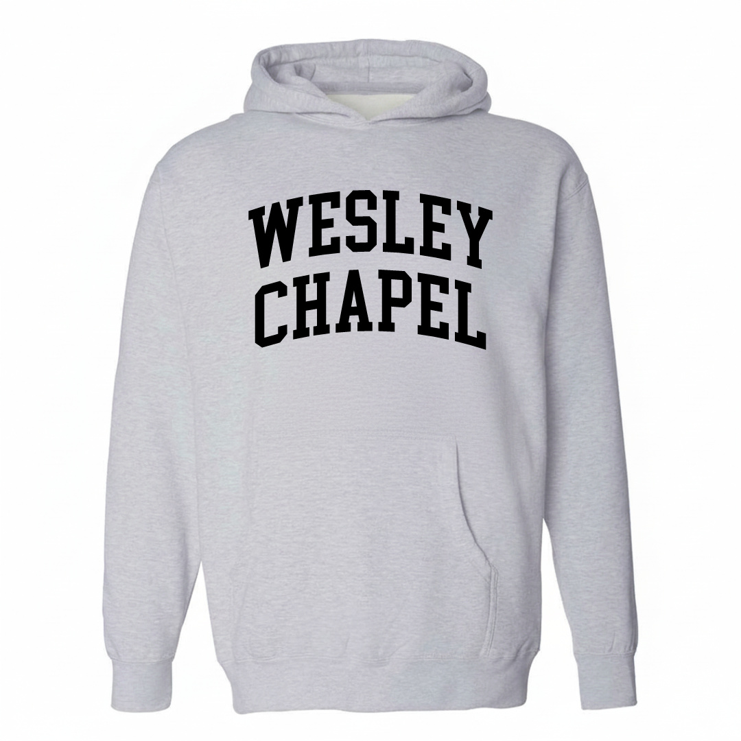 Heather-gray hoodie with the Wesley Chapel arched varsity lettering design on the chest.