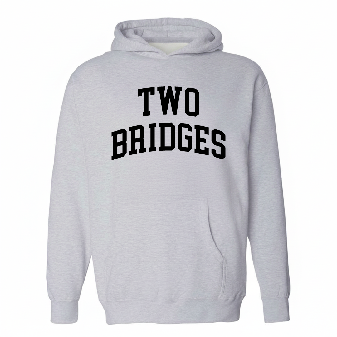 Heather-gray hoodie with the Two Bridges varsity arched lettering design on the chest.