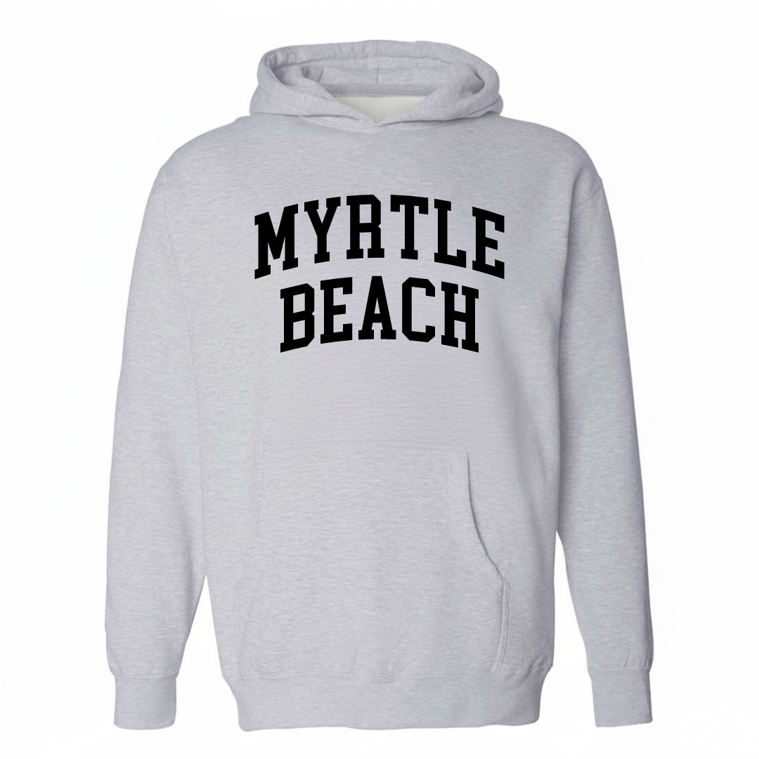 Heather-gray hoodie with the Myrtle Beach varsity arched lettering design on the chest.