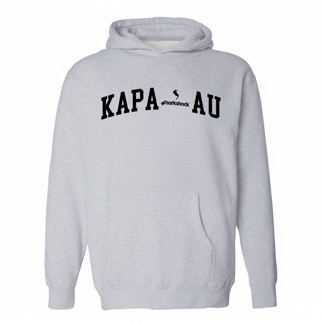 Heather-gray hoodie with the Kapaʻau varsity arched lettering design on the chest.