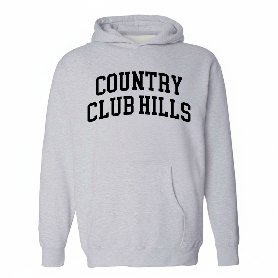 Heather-gray hoodie with the Country Club Hills arched lettering design on the chest.