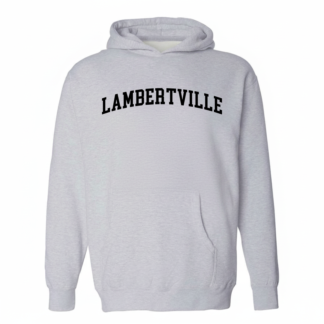 Heather-gray hoodie with the Lambertville varsity arched lettering design on the chest.