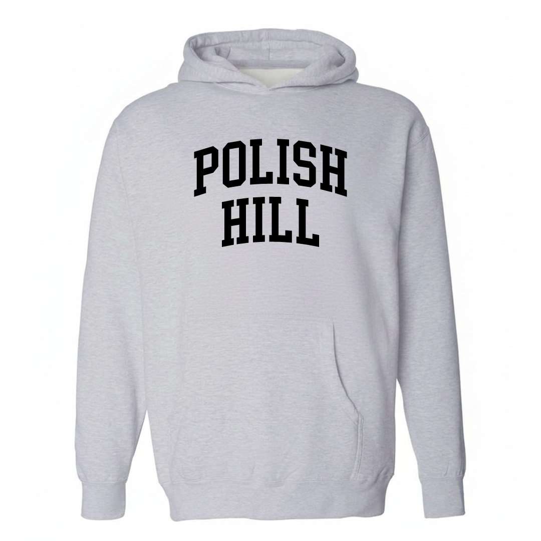 Heather-gray hoodie with the Polish Hill varsity arched lettering design on the chest.