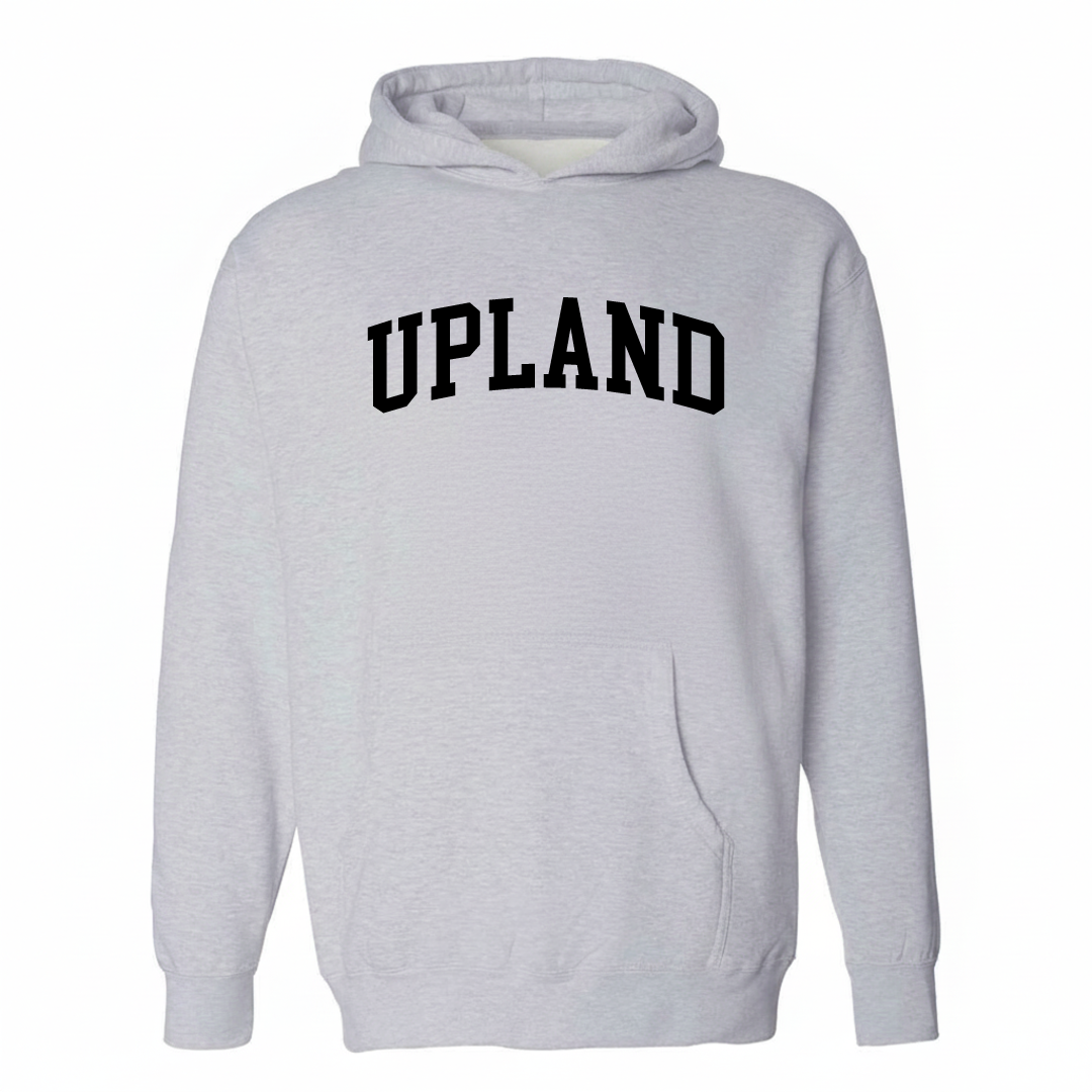 Heather-gray hoodie with the Upland varsity arched lettering design on the chest.