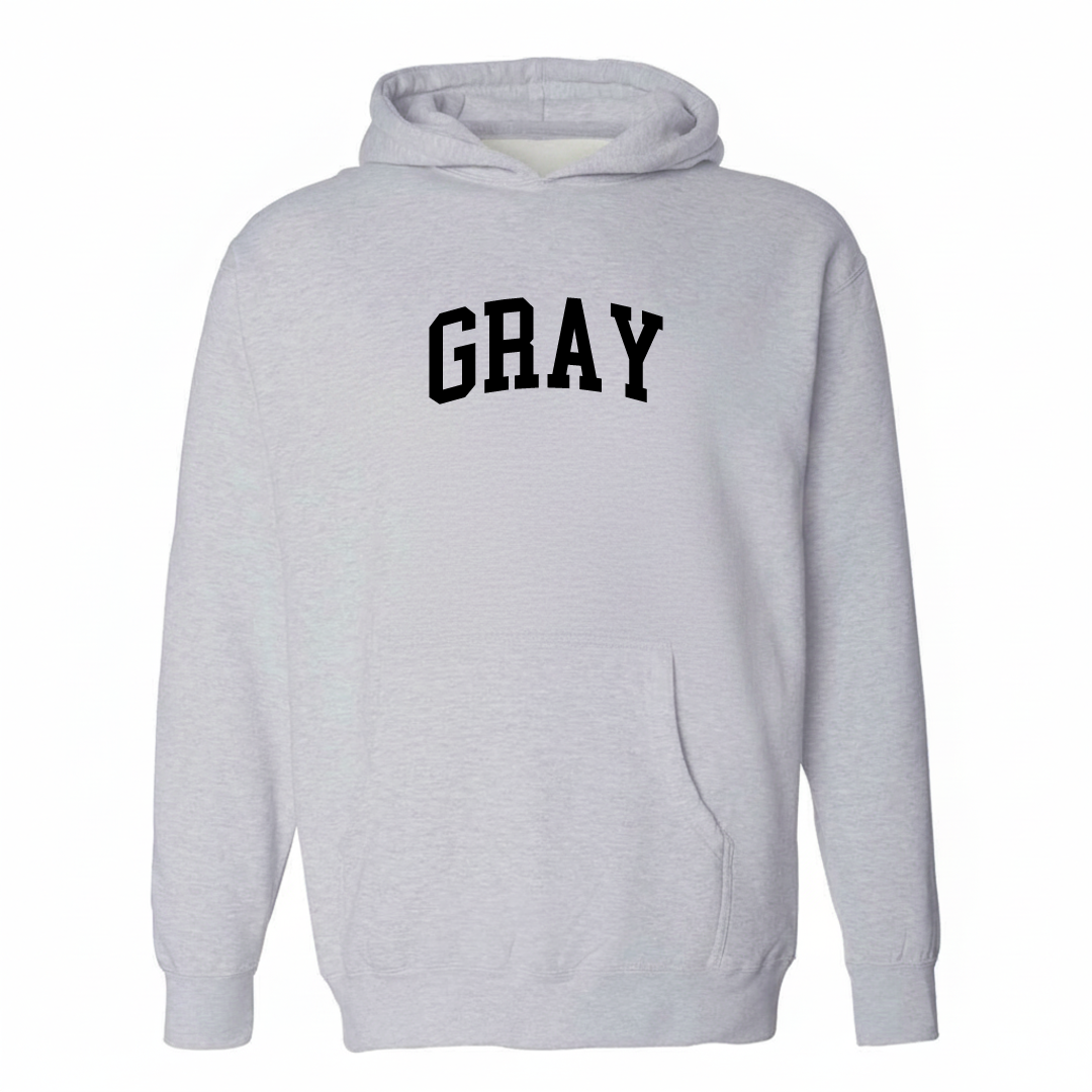 Heather-gray hoodie with the Gray, Georgia varsity arched lettering design on the chest.