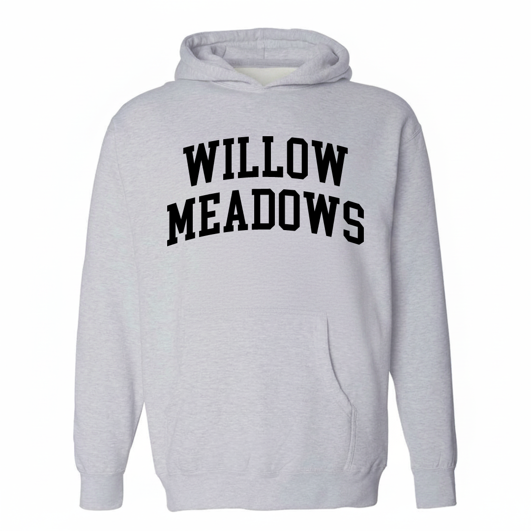Heather-gray hoodie with the Willow Meadows varsity arched lettering design on the chest.