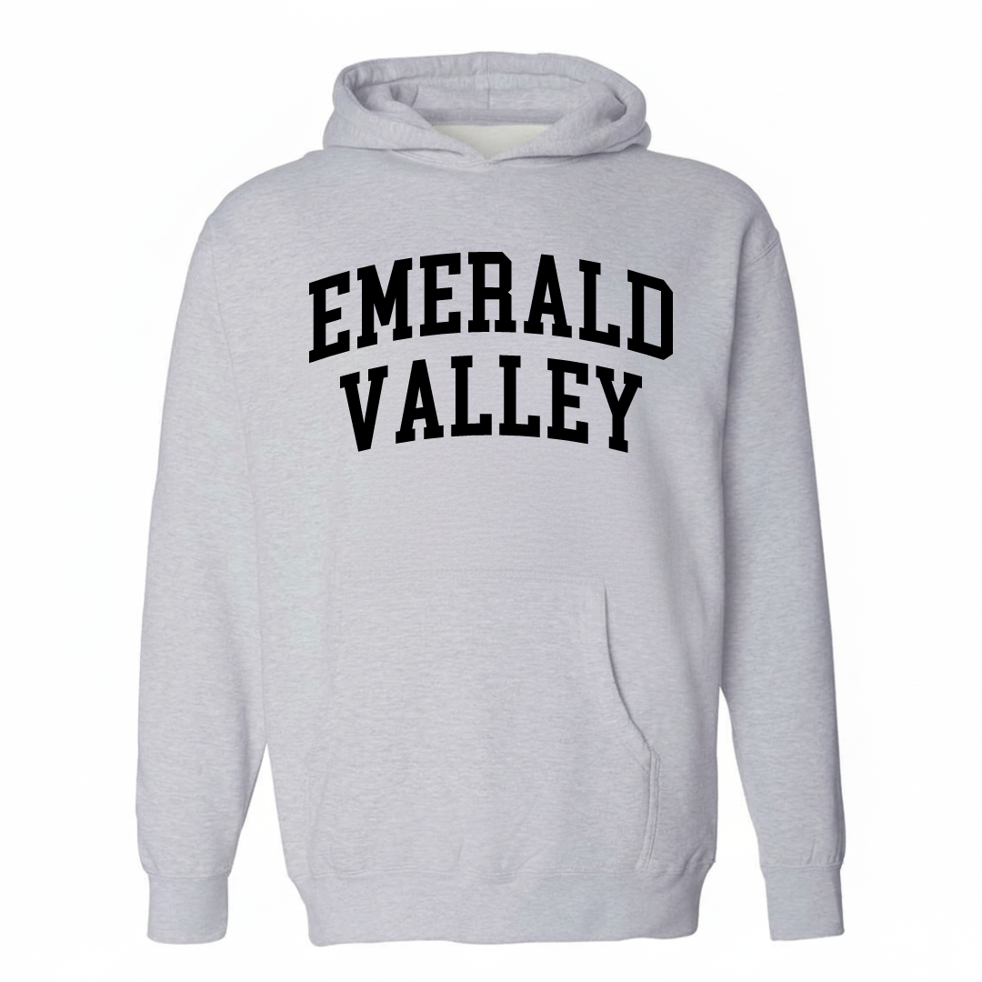 Heather-gray hoodie with the Emerald Valley varsity arched lettering design on the chest.
