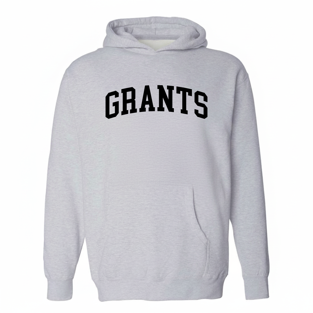 Heather-gray hoodie with the Grants Route 66 varsity arched lettering design on the chest.