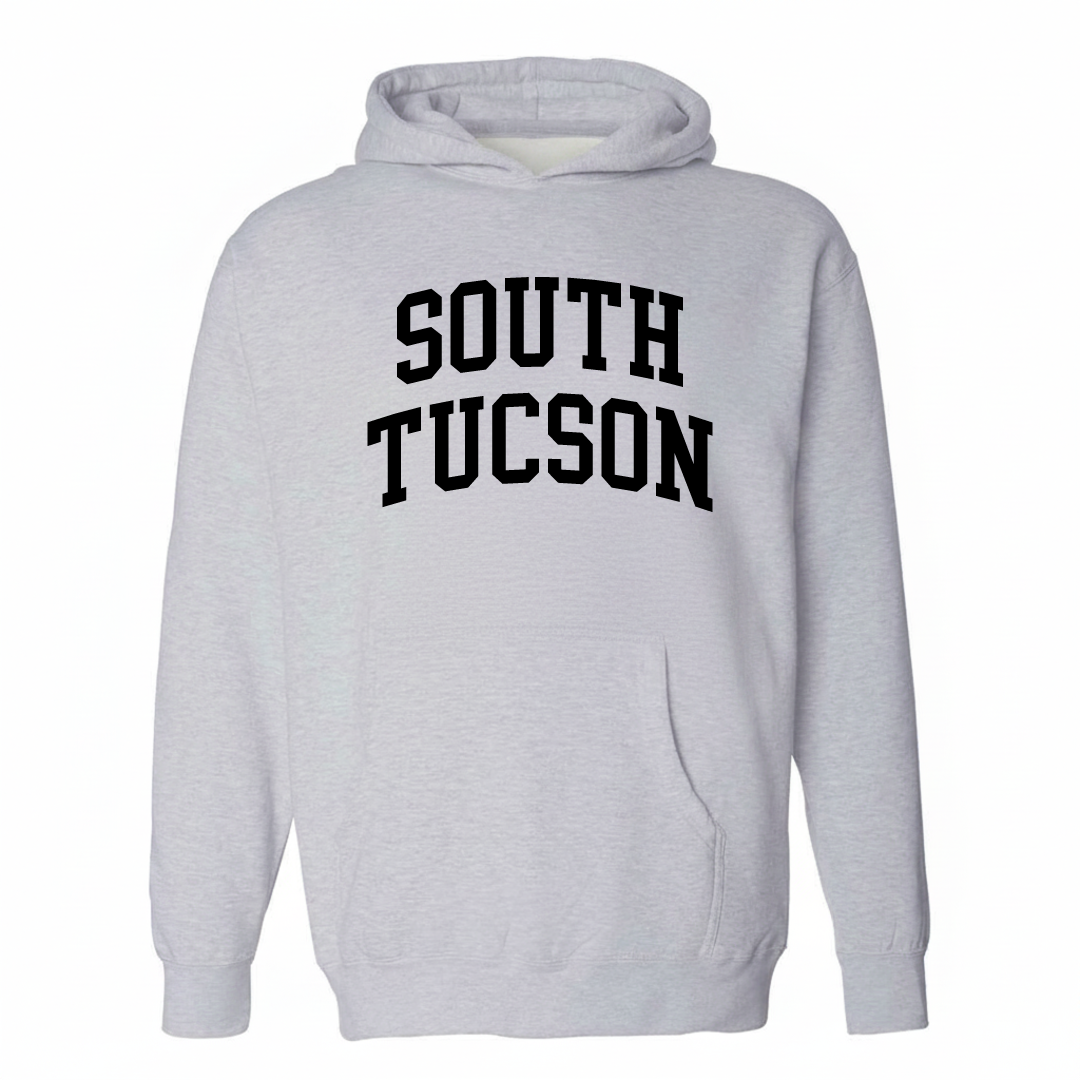 Heather-gray hoodie with the South Tucson varsity arched lettering design on the chest.