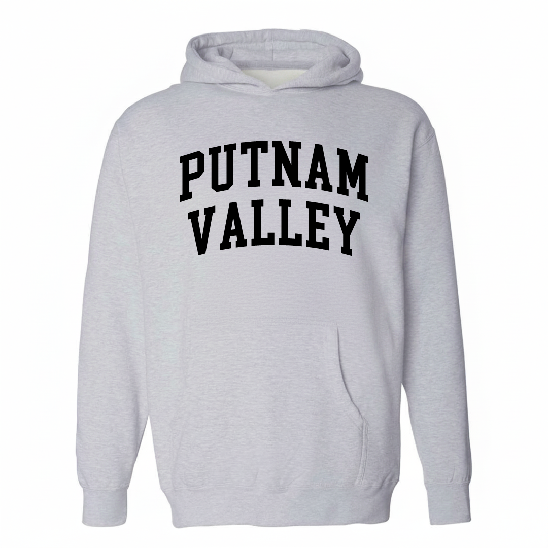 Heather-gray hoodie with the Putnam Valley varsity arched lettering design on the chest.