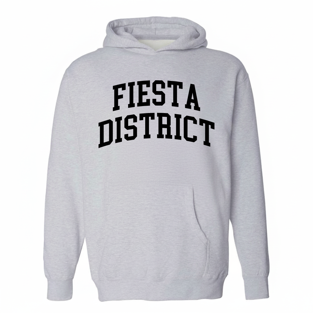 Heather-gray hoodie with the Fiesta District varsity arched lettering design on the chest.