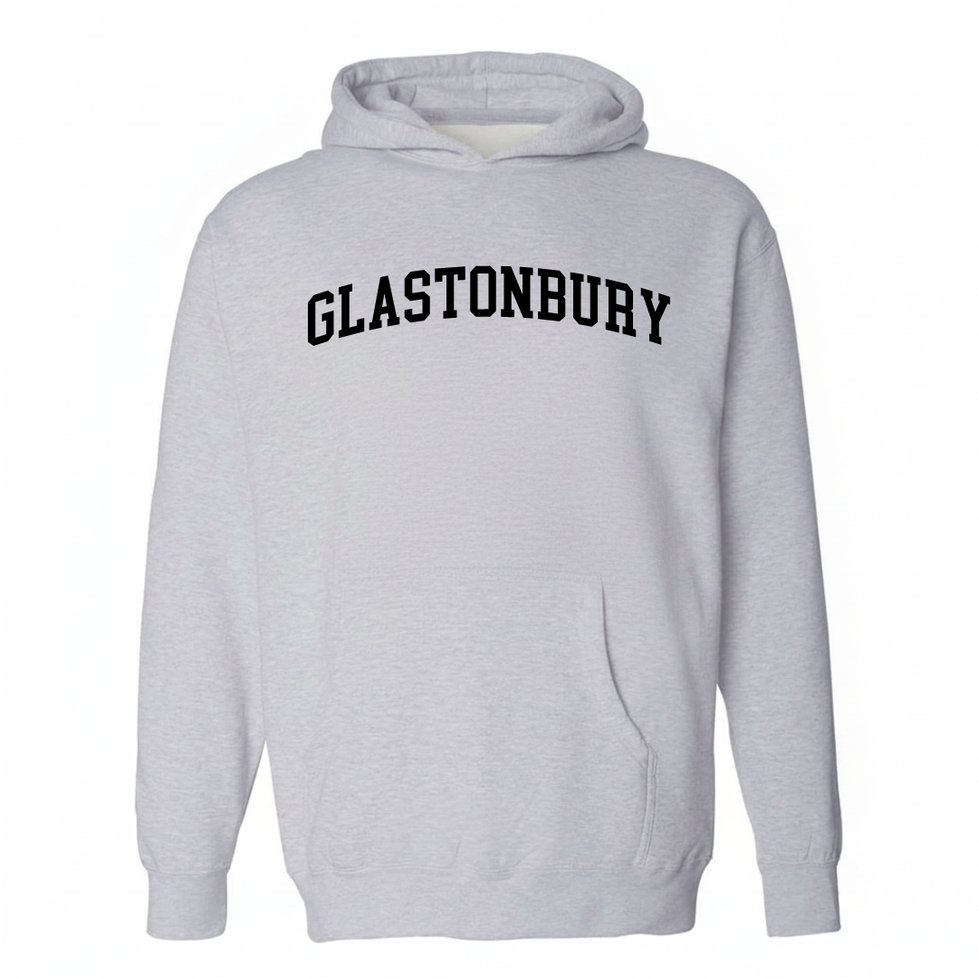 Heather-gray hoodie with the Glastonbury arched varsity lettering design on the chest.