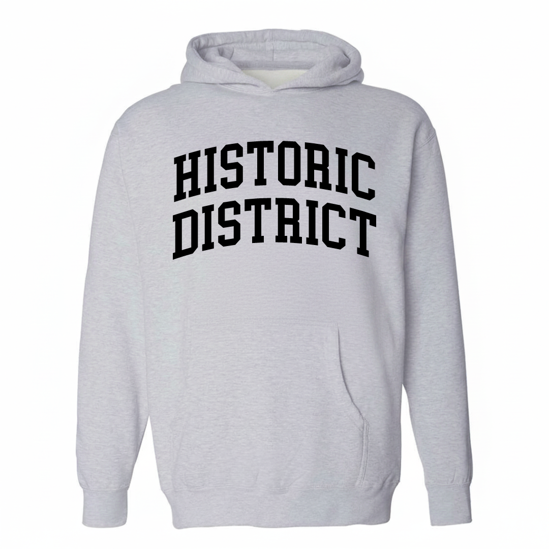Heather-gray hoodie with the Historic District Carson City varsity arched lettering design on the chest.