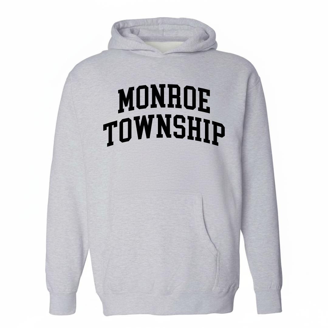 Heather-gray hoodie with the Monroe Township varsity arched lettering design on the chest.