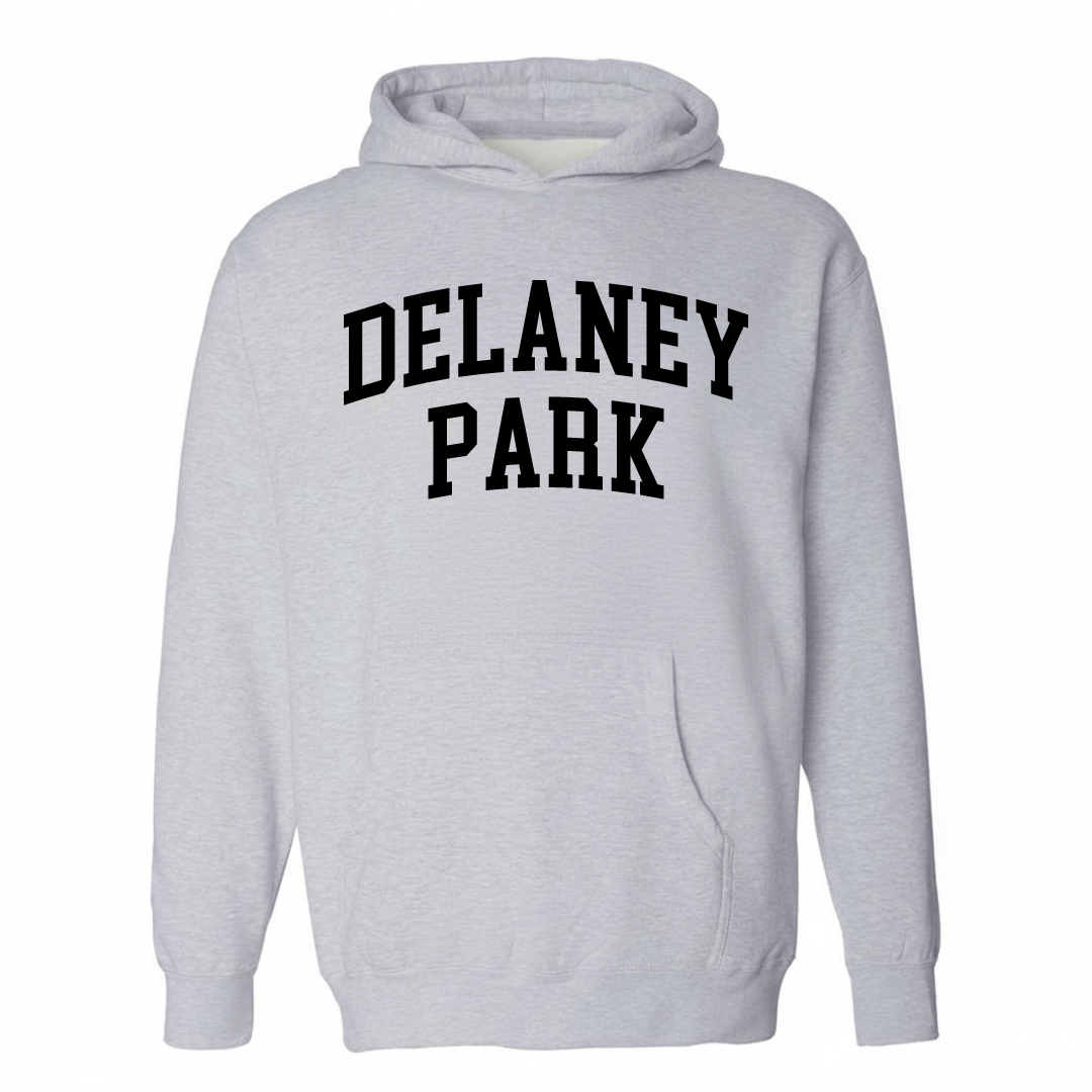 Heather-gray hoodie with the Delaney Park varsity arched lettering design on the chest.