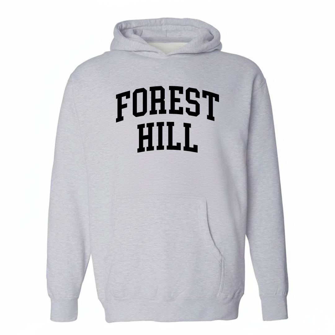 Heather-gray hoodie with the Forest Hill arched lettering varsity-collegiate design on the chest.