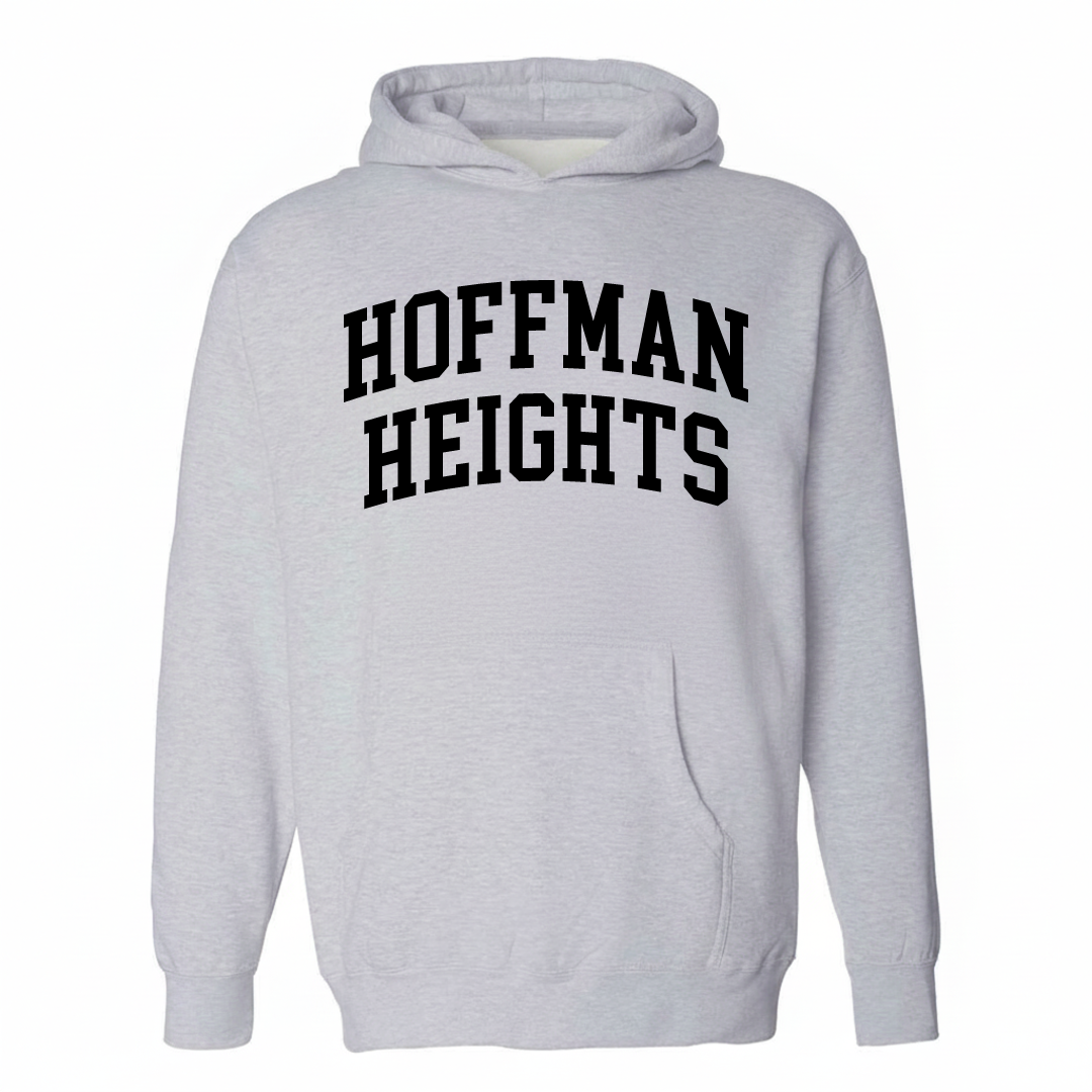 Heather-gray hoodie with the Hoffman Heights arched varsity lettering design on the chest.