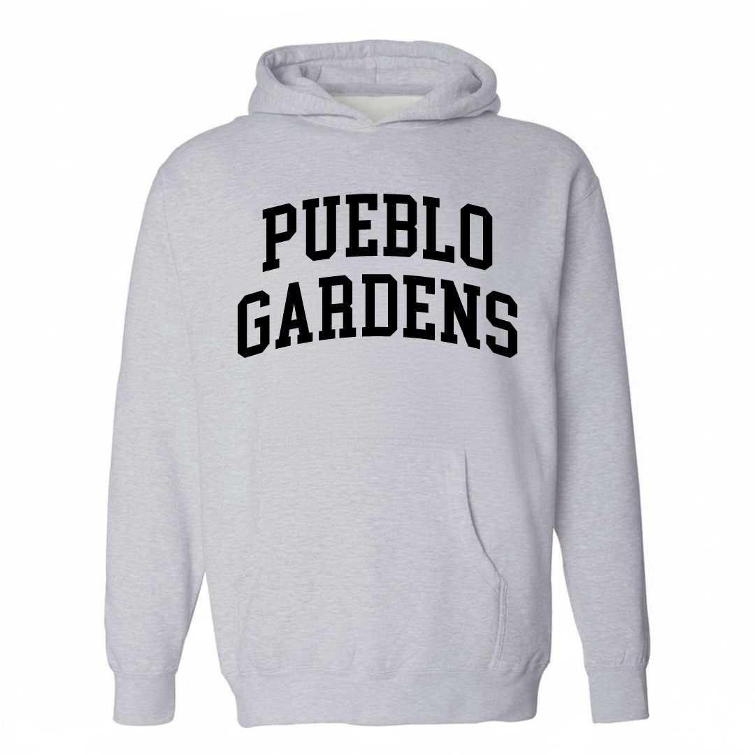 Heather-gray hoodie with the Pueblo Gardens varsity arched lettering design on the chest.