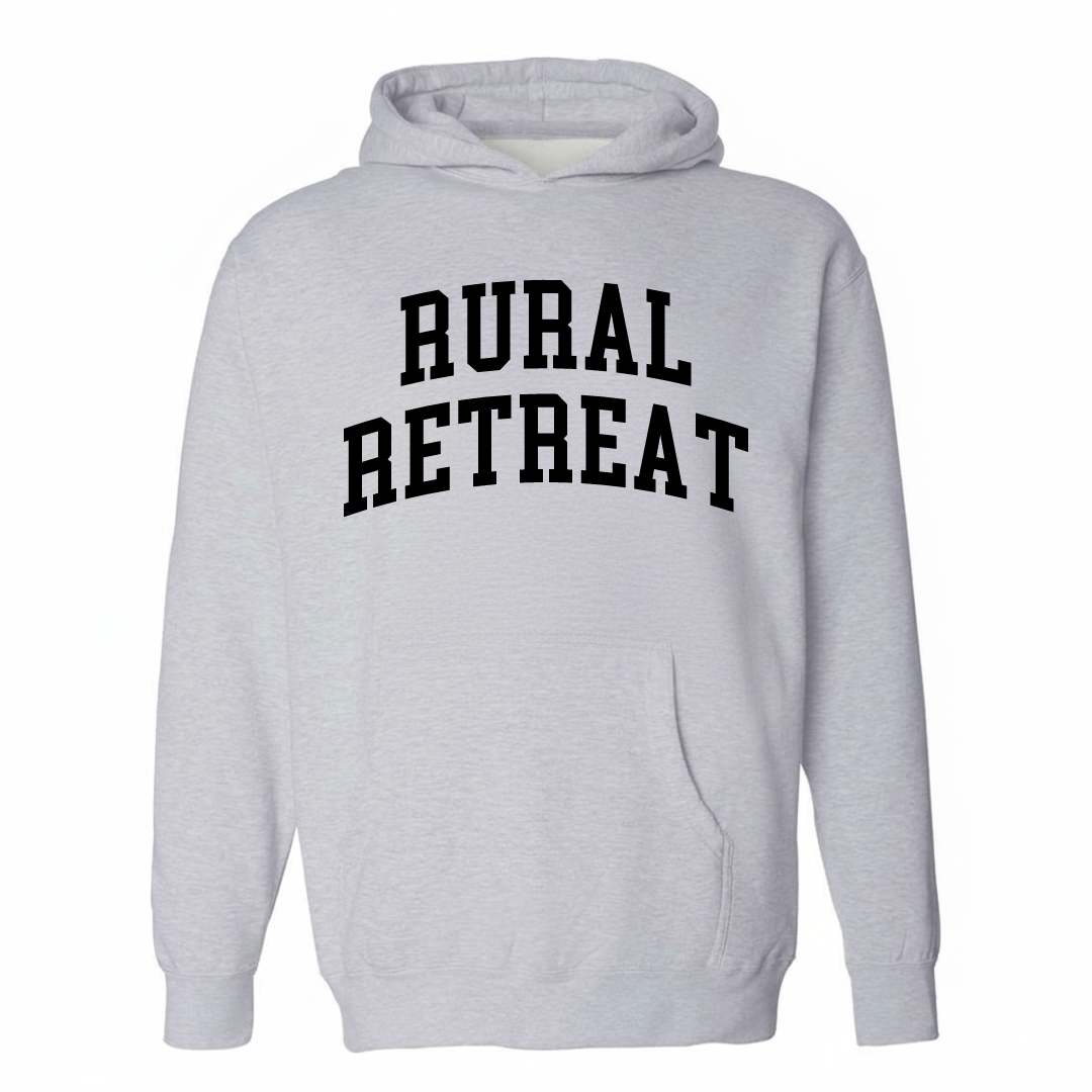 Heather-gray hoodie with the Rural Retreat arched lettering varsity-collegiate design on the chest.