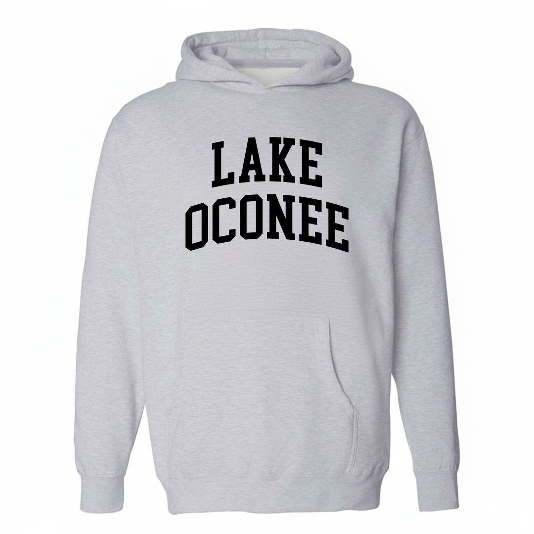 Heather-gray hoodie with the Lake Oconee varsity arched lettering design on the chest.