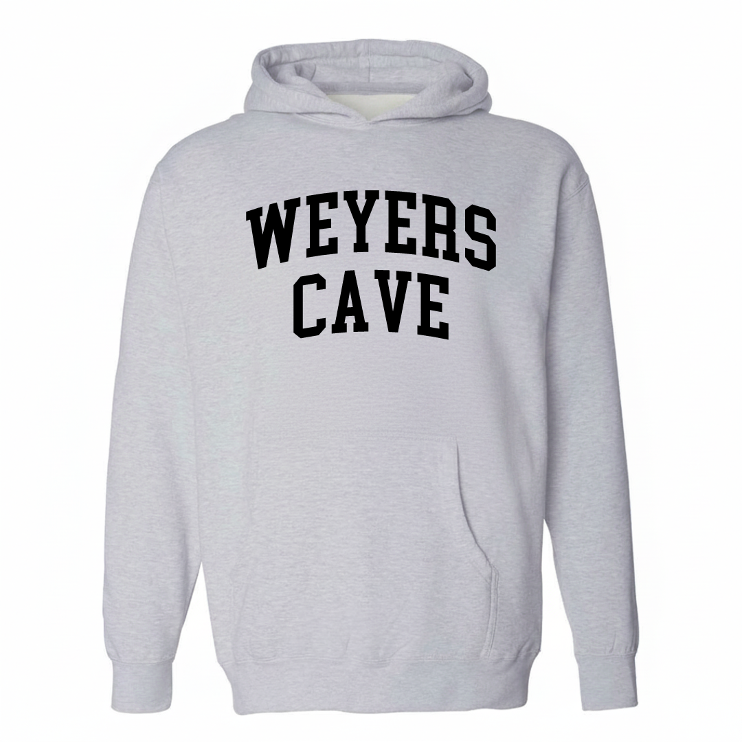 Heather-gray hoodie with the Weyers Cave varsity arched lettering design on the chest.