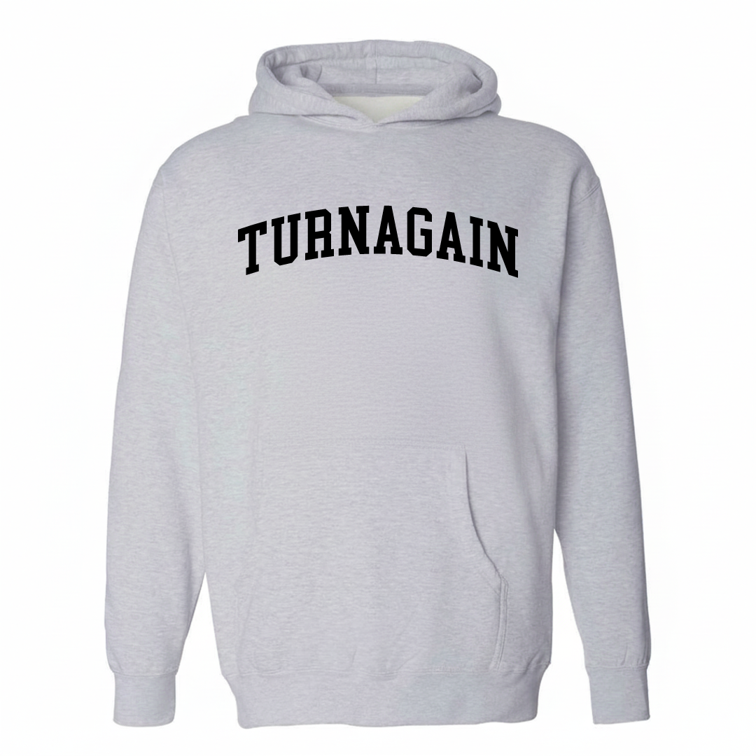 Heather-gray hoodie with the Turnagain varsity arched lettering design on the chest.