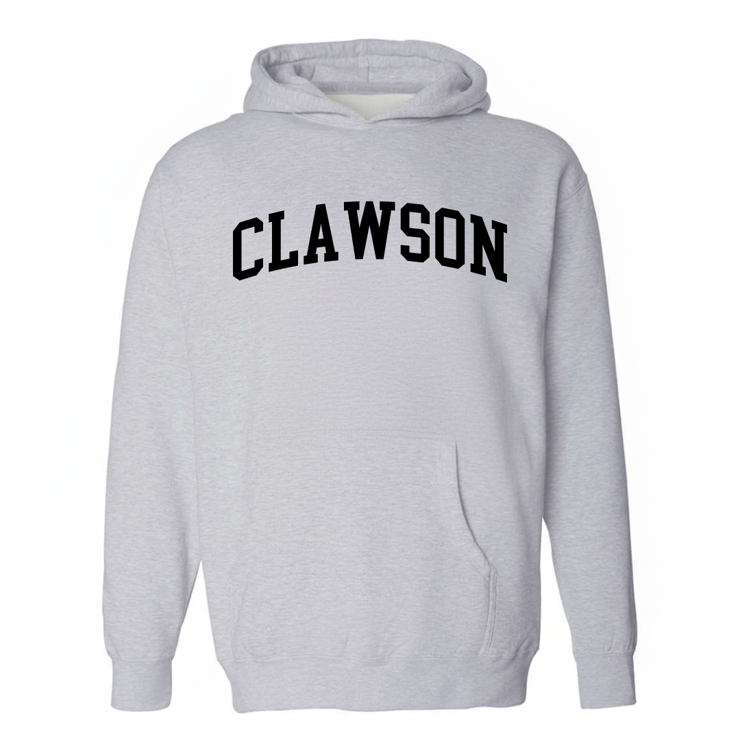 Heather-gray hoodie with the Clawson arched lettering varsity-collegiate design on the chest.