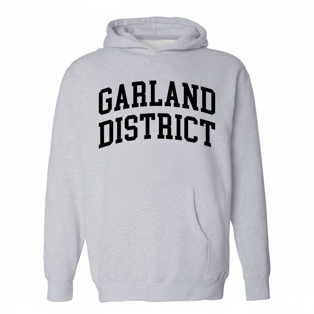 Heather-gray hoodie with the Garland District varsity arched lettering design on the chest.