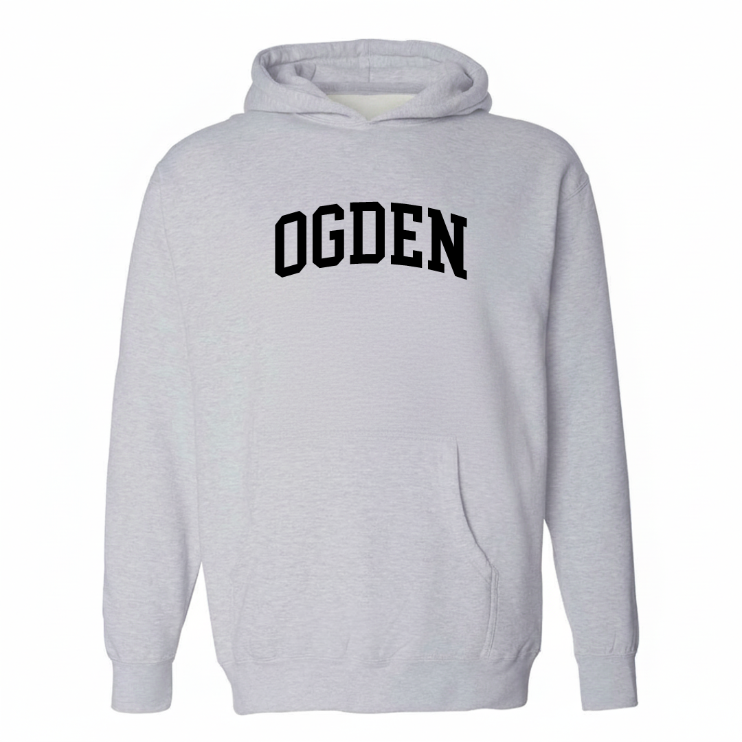 Heather-gray hoodie with the Ogden varsity arched lettering design on the chest.