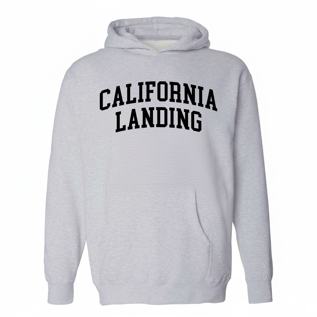 Heather-gray hoodie with the California Landing varsity arched lettering design on the chest.