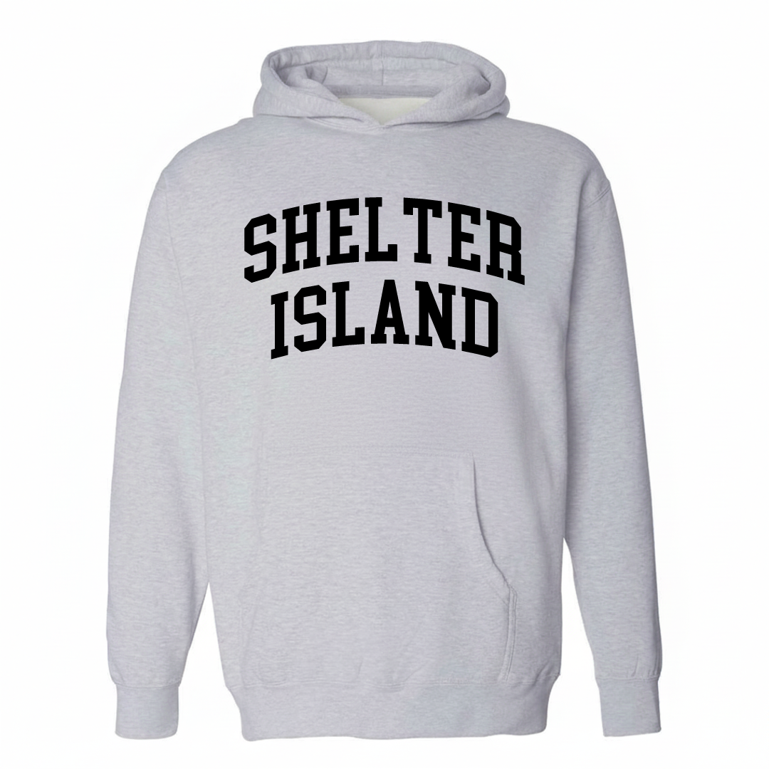 Heather-gray hoodie with the Shelter Island varsity arched lettering design on the chest.
