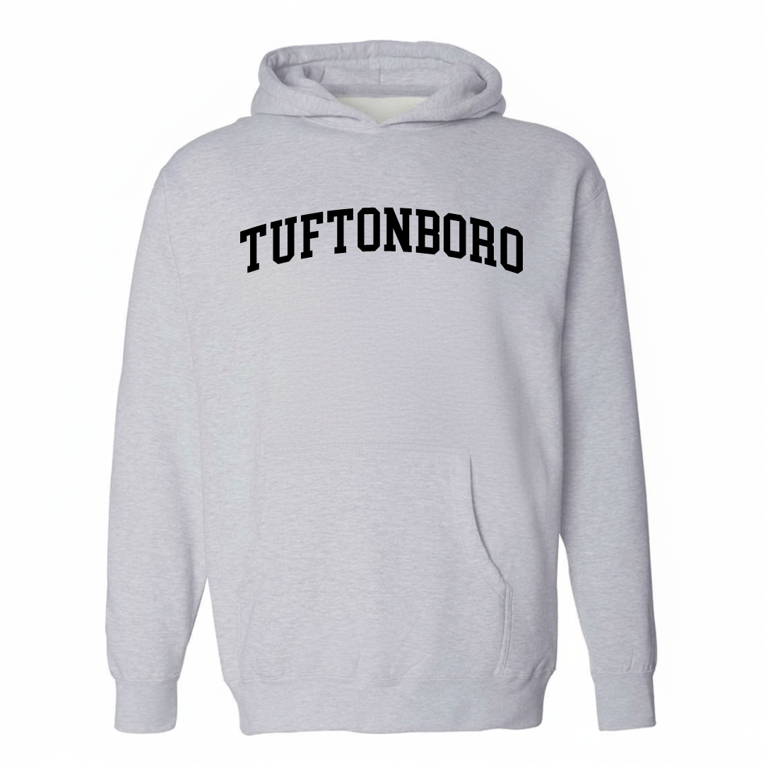 Heather-gray hoodie with the Tuftonboro arched lettering varsity-collegiate design on the chest.