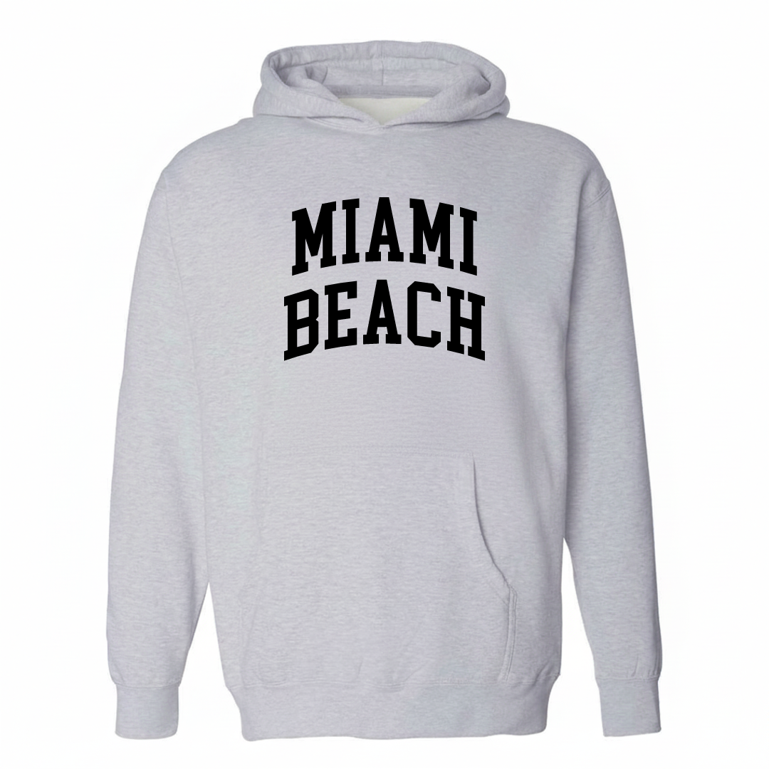 Heather-gray hoodie with the Miami Beach varsity arched lettering design on the chest.
