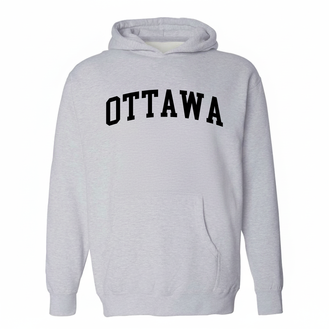 Heather-gray hoodie with the Ottawa, KS varsity arched lettering design on the chest.