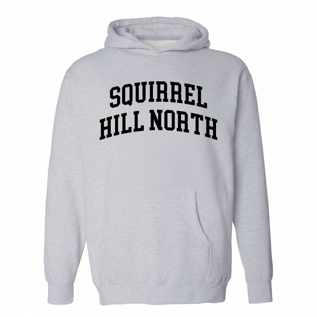 Heather-gray hoodie with the Squirrel Hill North arched varsity lettering design on the chest.