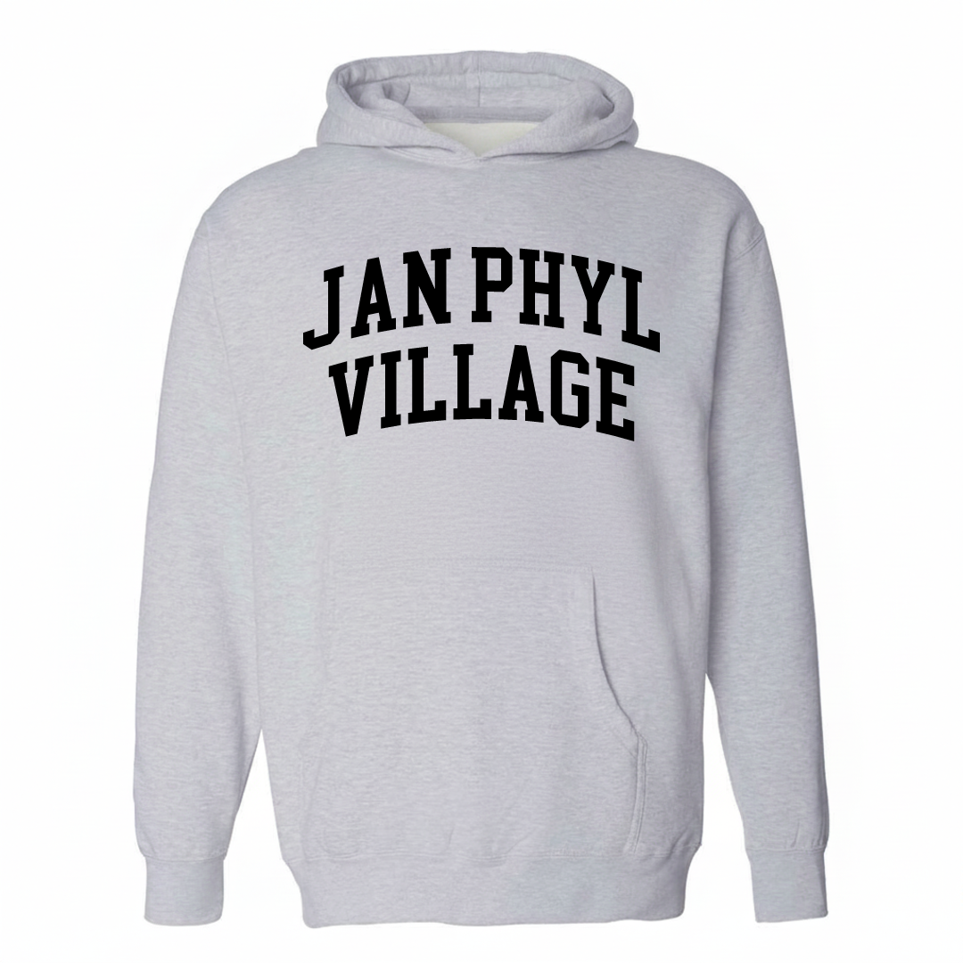 Heather-gray hoodie with the Jan Phyl Village varsity arched lettering design on the chest.