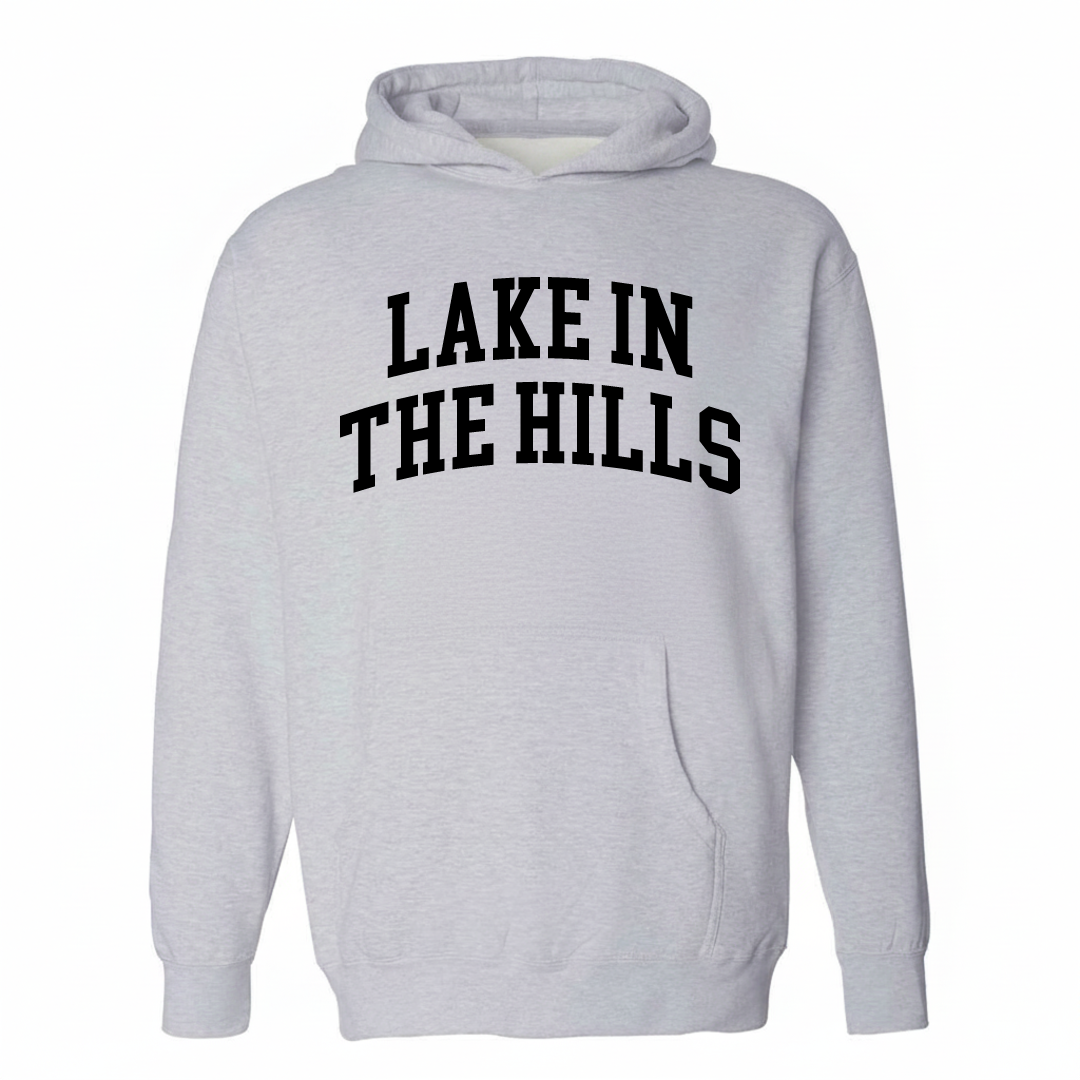 Heather-gray hoodie with the Lake in the Hills varsity arched lettering design on the chest.
