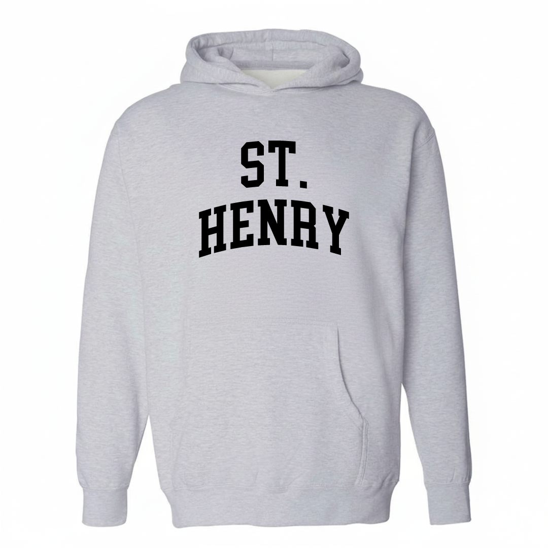 Heather-gray hoodie with the St. Henry arched lettering varsity-collegiate design on the chest.