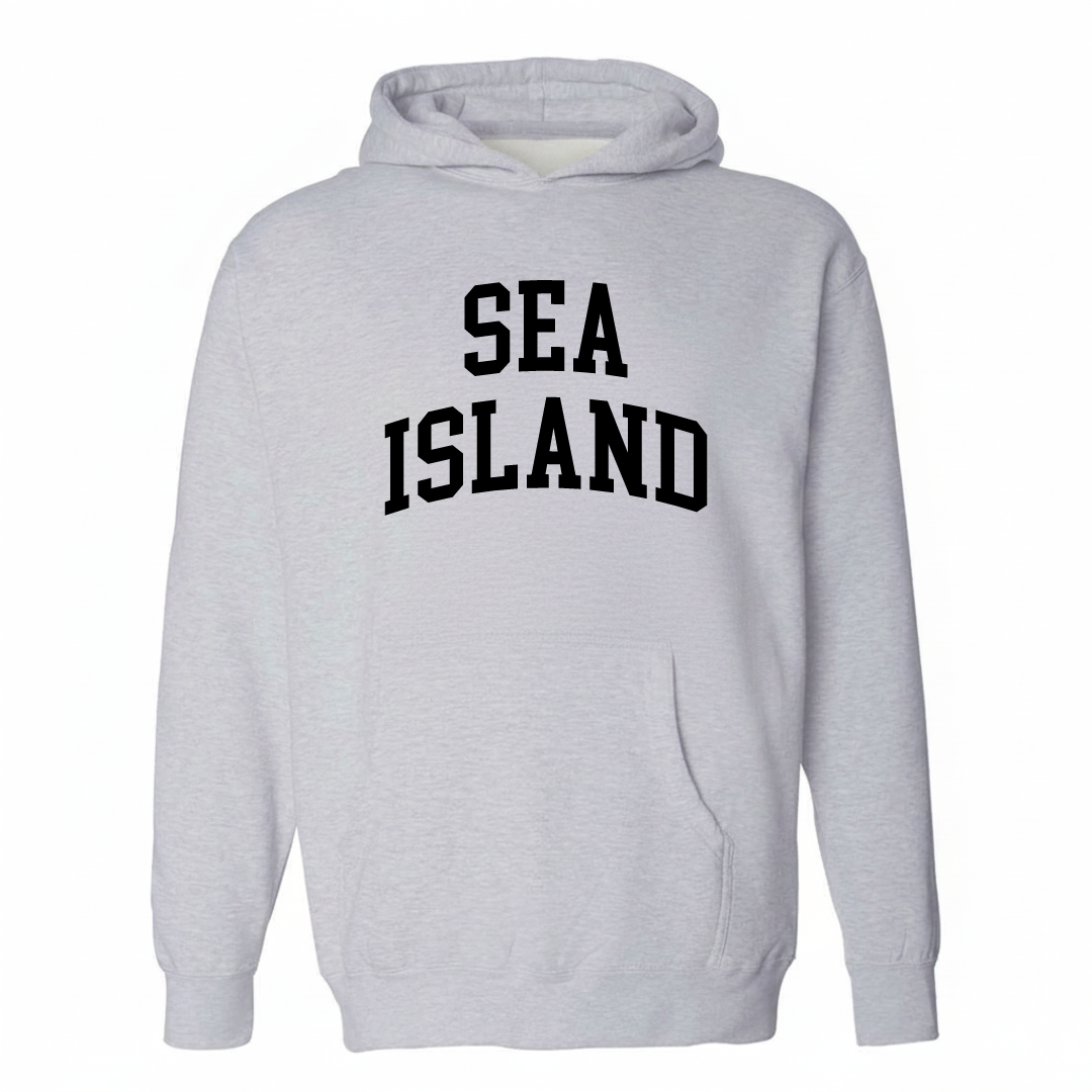 Heather-gray hoodie with the Sea Island arched varsity lettering design on the chest.