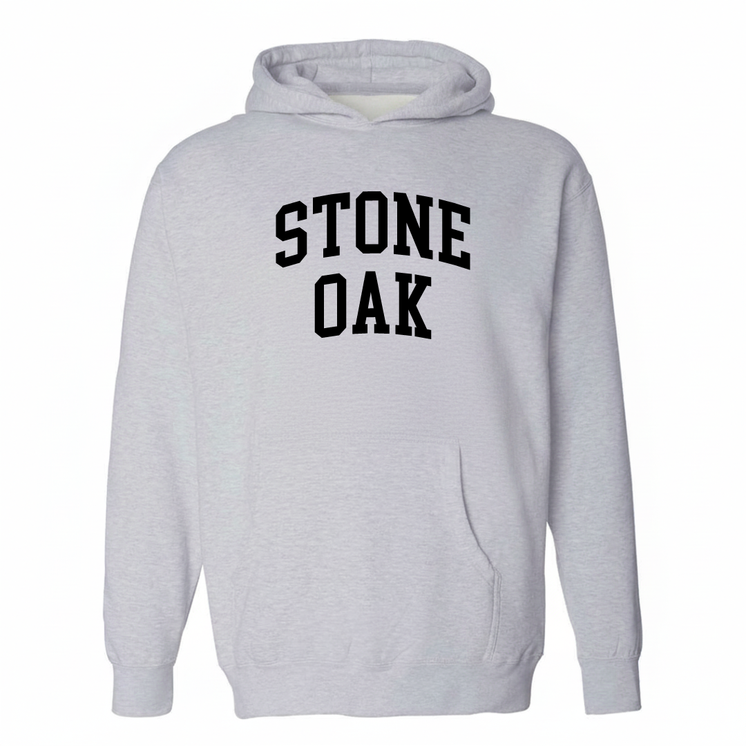 Heather-gray hoodie with the Stone Oak varsity arched lettering design on the chest.