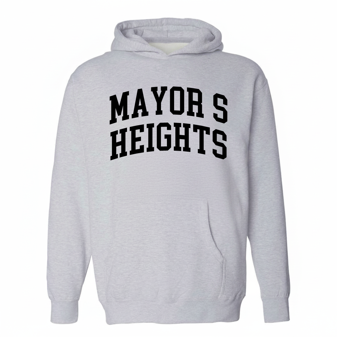 Heather-gray hoodie with the Mayor's Heights varsity arched lettering design on the chest.