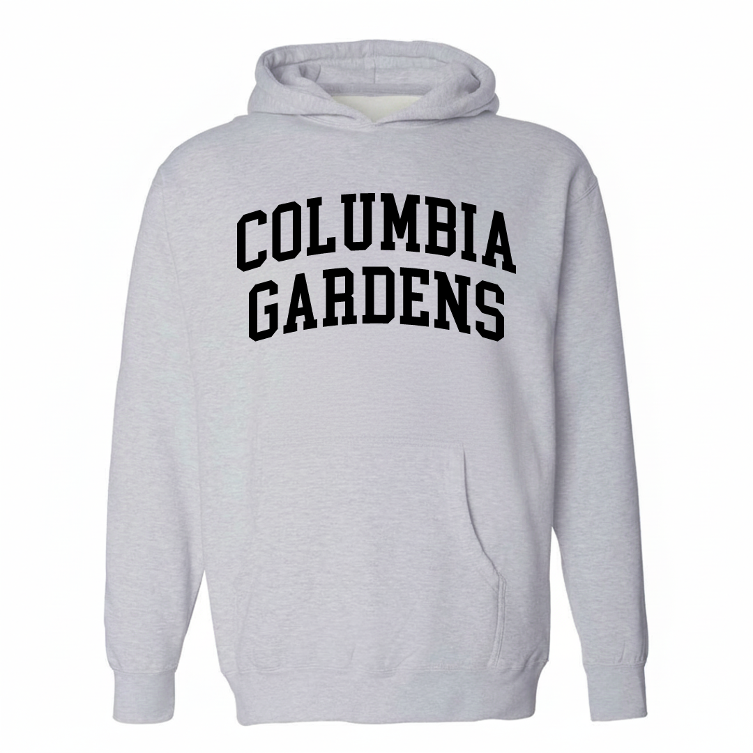 Heather-gray hoodie with the Columbia Gardens varsity arched lettering design on the chest.