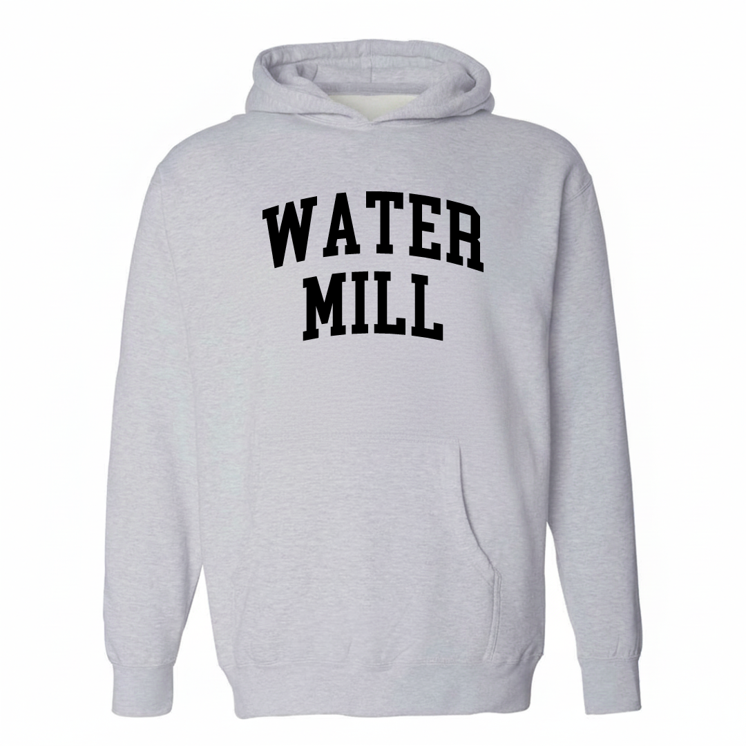 Heather-gray hoodie with the Water Mill arched lettering varsity-collegiate design on the chest.