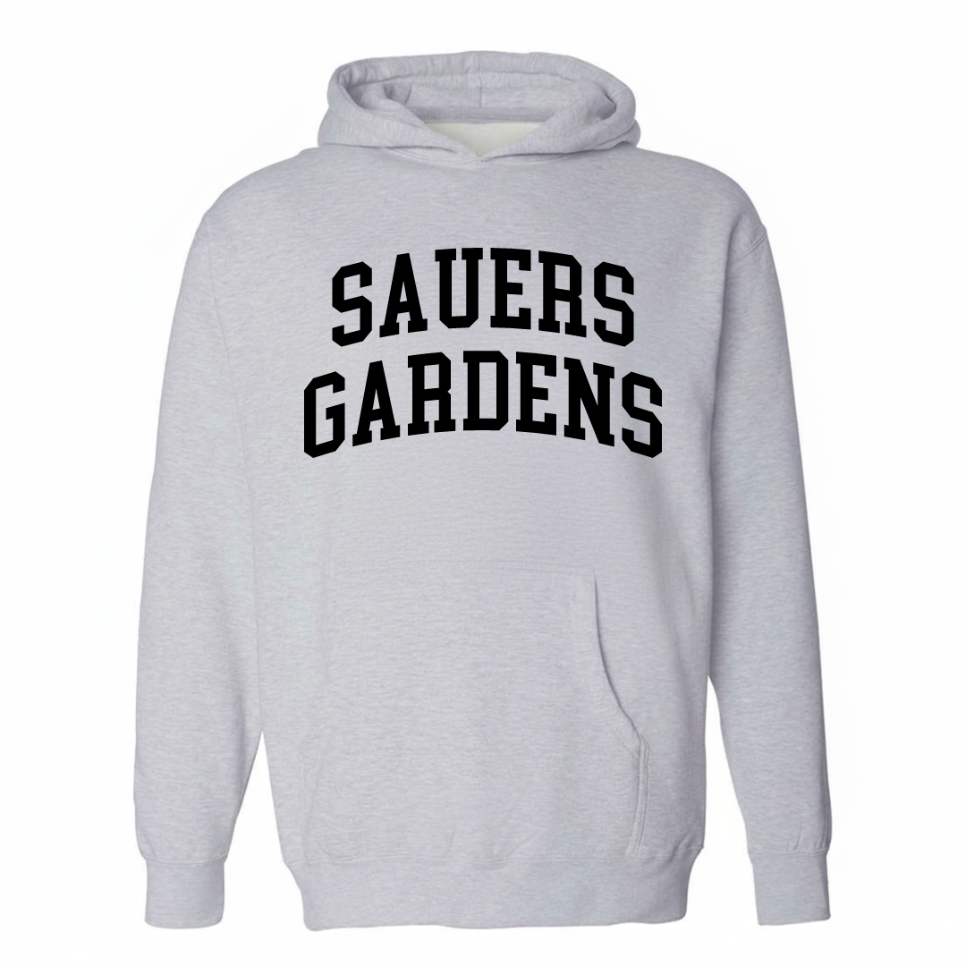 Heather-gray hoodie with the Sauer's Gardens varsity arched lettering design on the chest.